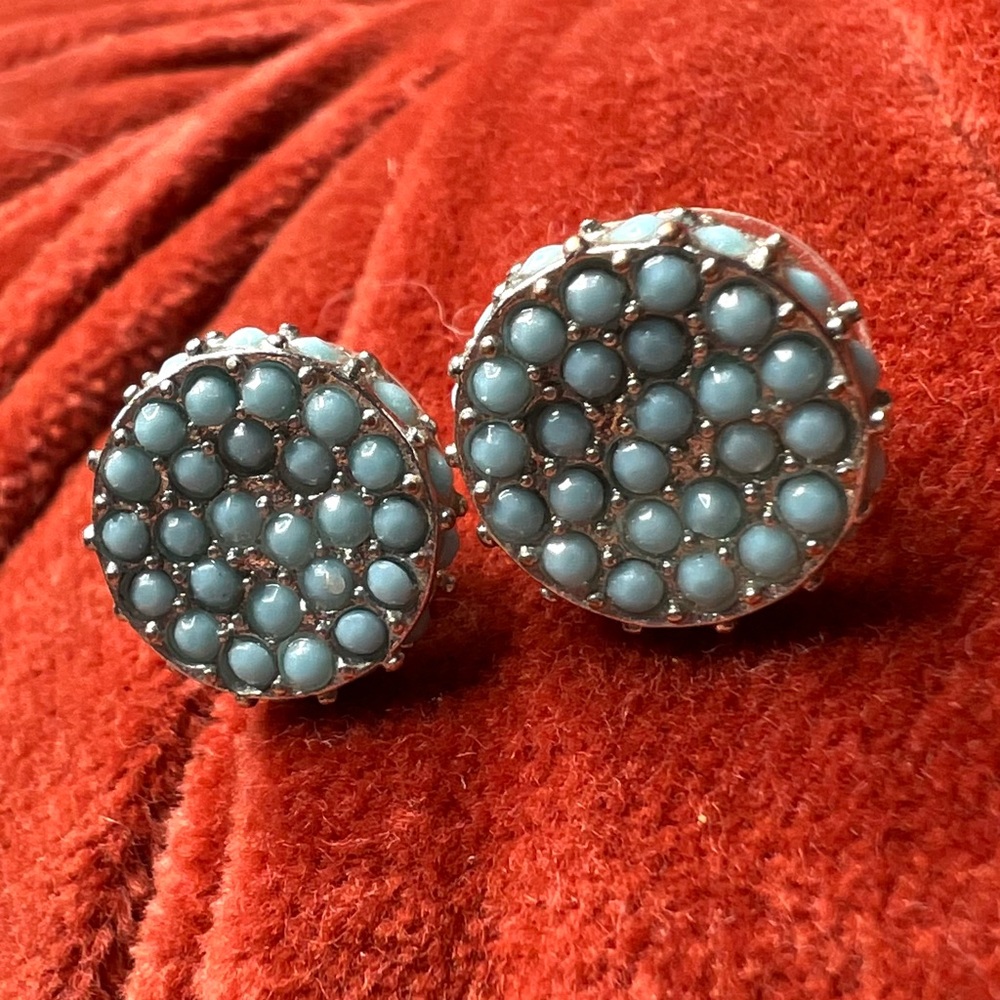 Vintage Silver Tone Round Blue Beaded Earrings